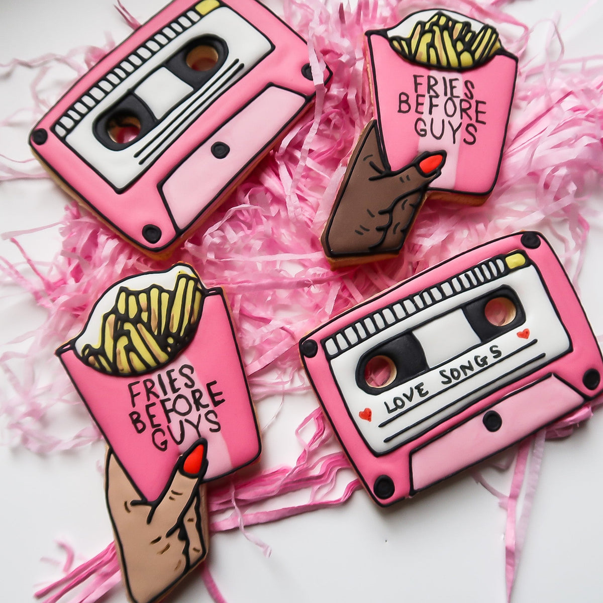 Colourful handmade cassette and fries sugar cookies by Reet Petite Bakery Co