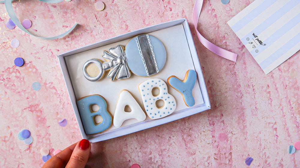 Pastel blue baby sugar cookie gift box