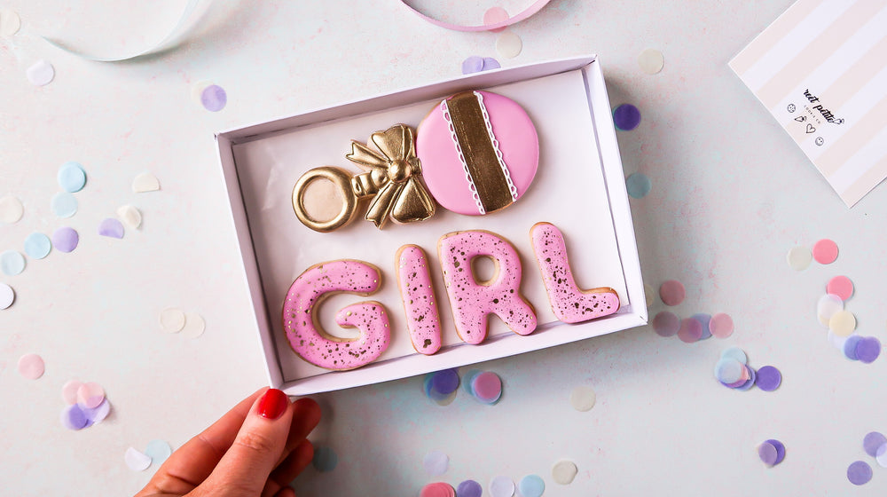 Baby girl sugar cookie gift box with pastel details